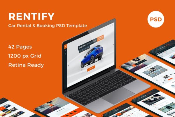 汽车租赁和预订网站设计PSD模板 Rentify – Car Rental &amp; Booking PSD Template