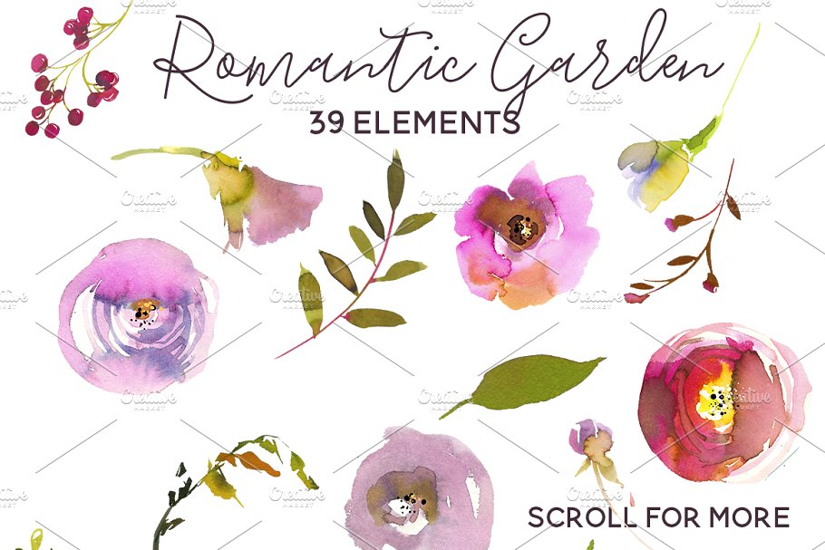 浪漫粉色水彩花卉 Romantic Pink Watercolor Flowers插图(2)