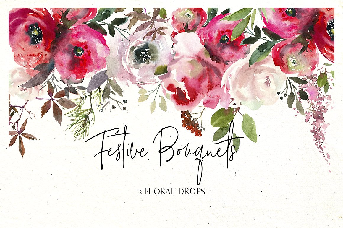 节日水彩花卉花束插画 Festive Bouquets Watercolor Flowers插图(6)