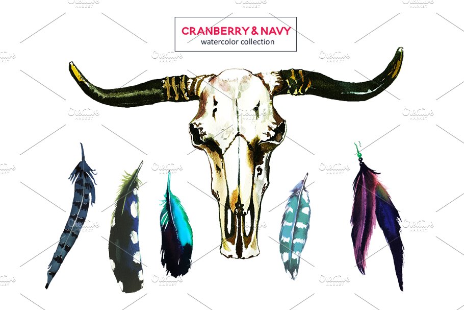 红色海军蓝波希米亚水彩花卉剪贴画 Red Navy Boho Watercolor Flowers插图(7)