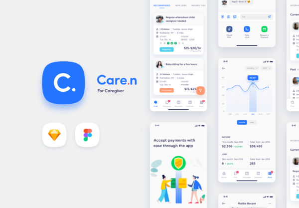 素材库下午茶：儿童保育护理宠物护理等家政项目的APP UI KIT套装下载[Sketch,Fig]