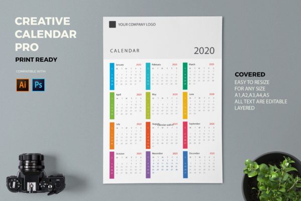 简约彩色2020日历年历设计模板 Creative Calendar Pro 2020