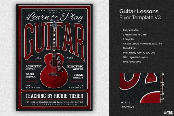 吉他教学培训机构宣传海报PSD模板V.3 Guitar Lessons Flyer PSD V3