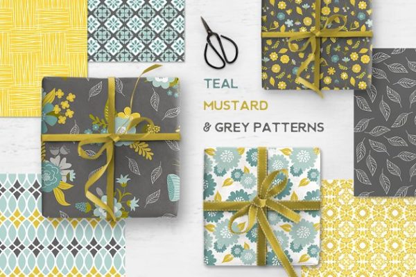芥末色&amp;灰色纹理 Teal Mustard &amp; Grey Patterns