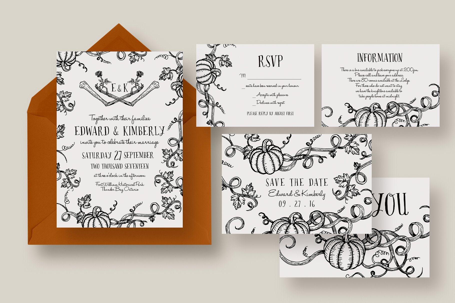 万圣节南瓜婚礼邀请函模板套装 Halloween Pumpkin Wedding Suite插图