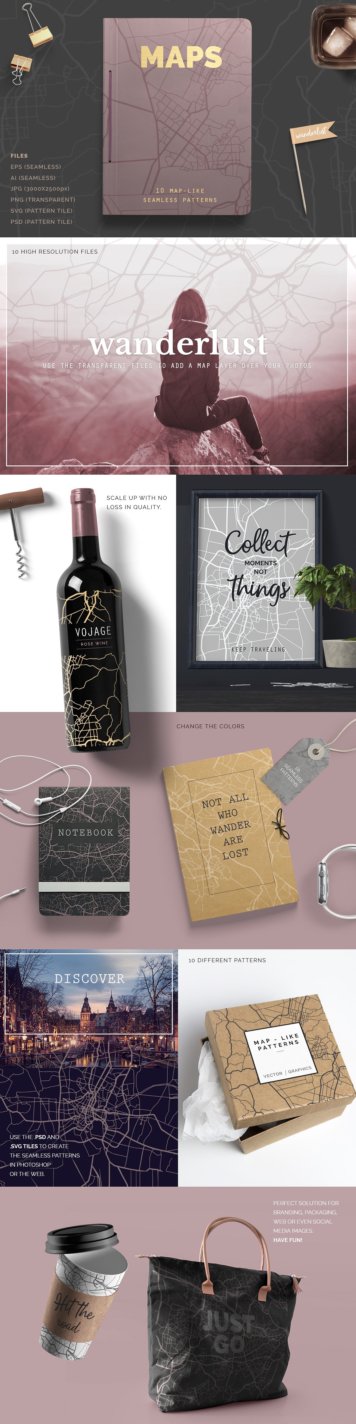 地图视图矢量图案纹理 Map View Vector Patterns插图