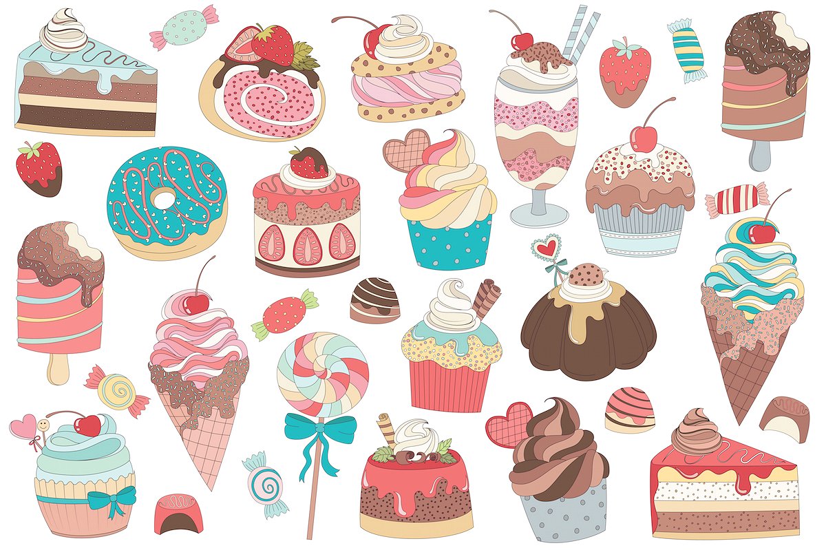 31款水彩手绘甜点矢量图形 31 Treats & Candy Vector and PNG Set插图