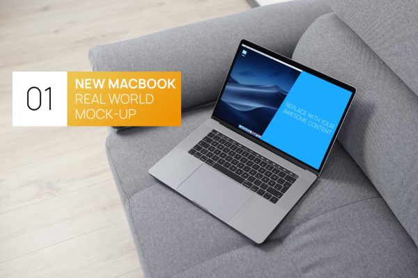 布艺沙发上的MacBook Pro电脑素材库精选样机 New MacBook Pro Touchbar Real World Mock-up