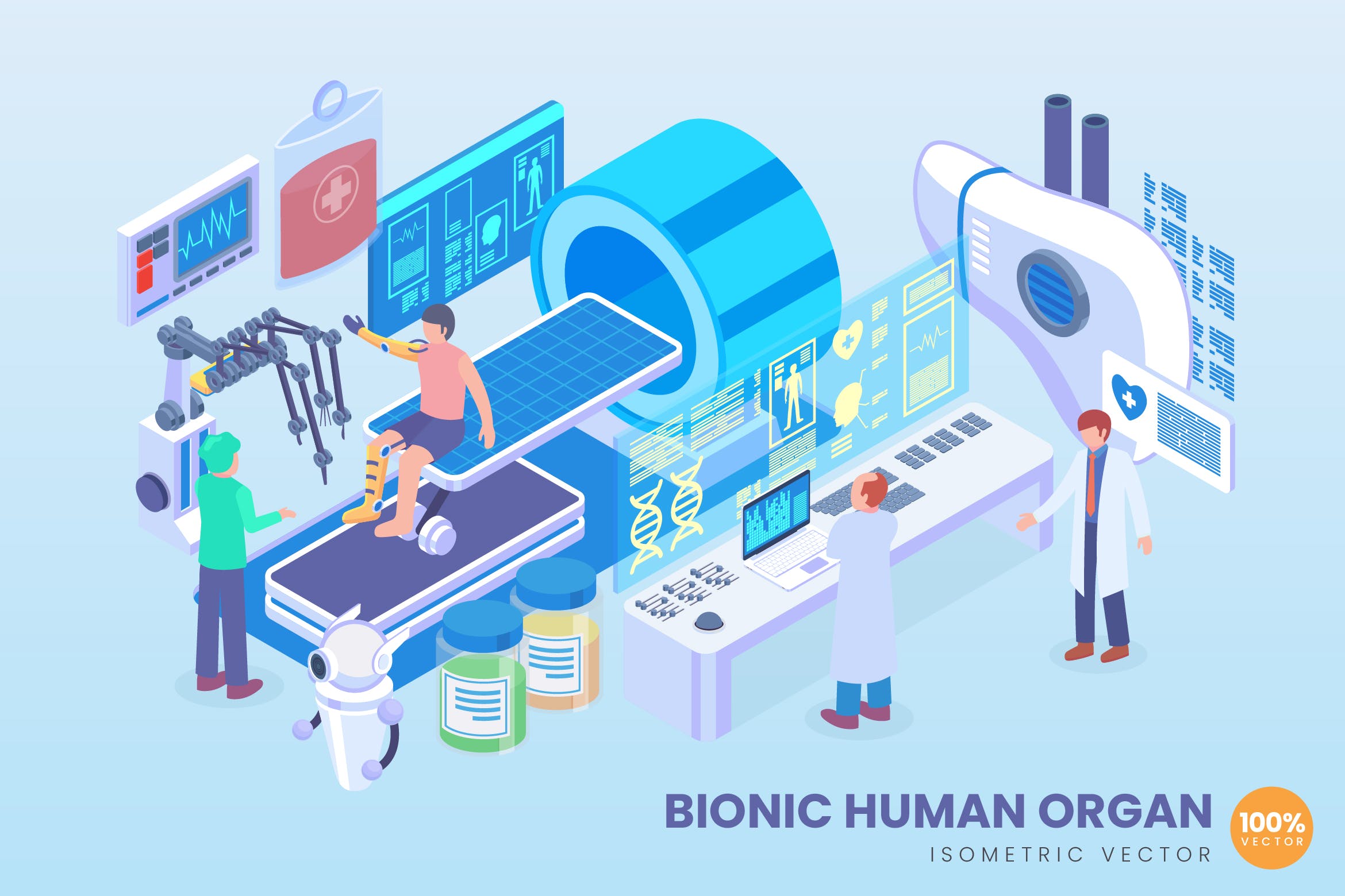 仿生人体器官主题等距矢量科技素材库精选概念插画v2 Isometric Bionic Human Organ Vector Concept插图