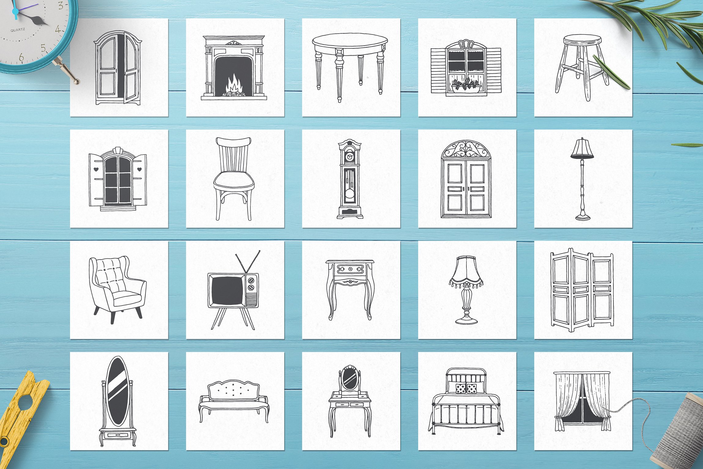 100个手绘家居用品的矢量图形素材下载[psd,ai,eps,png]插图(1)