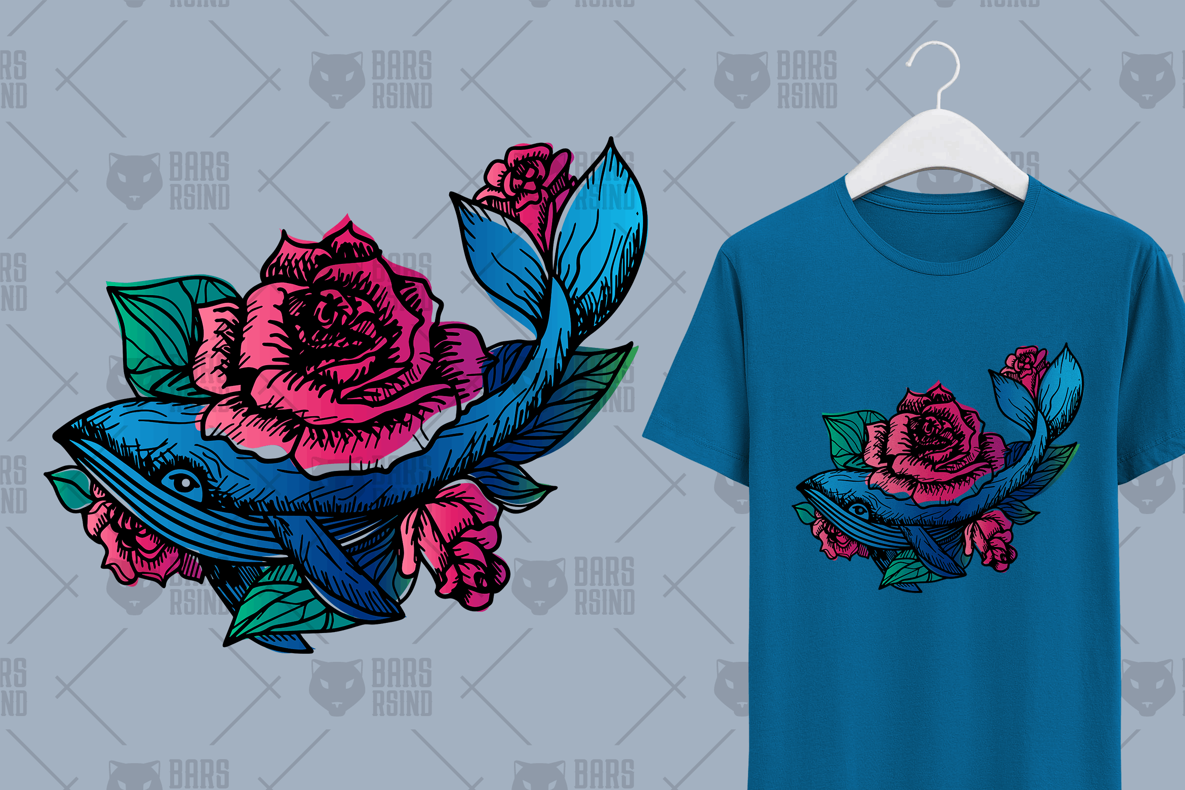 玫瑰鲸鱼T恤印花水彩手绘图案矢量素材 Hand Drawn Whale In Roses插图