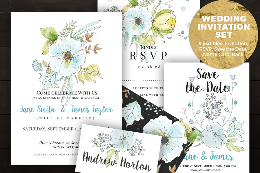 淡蓝色花卉主题婚礼请柬模板 Light Blue Wedding Invitation Set插图