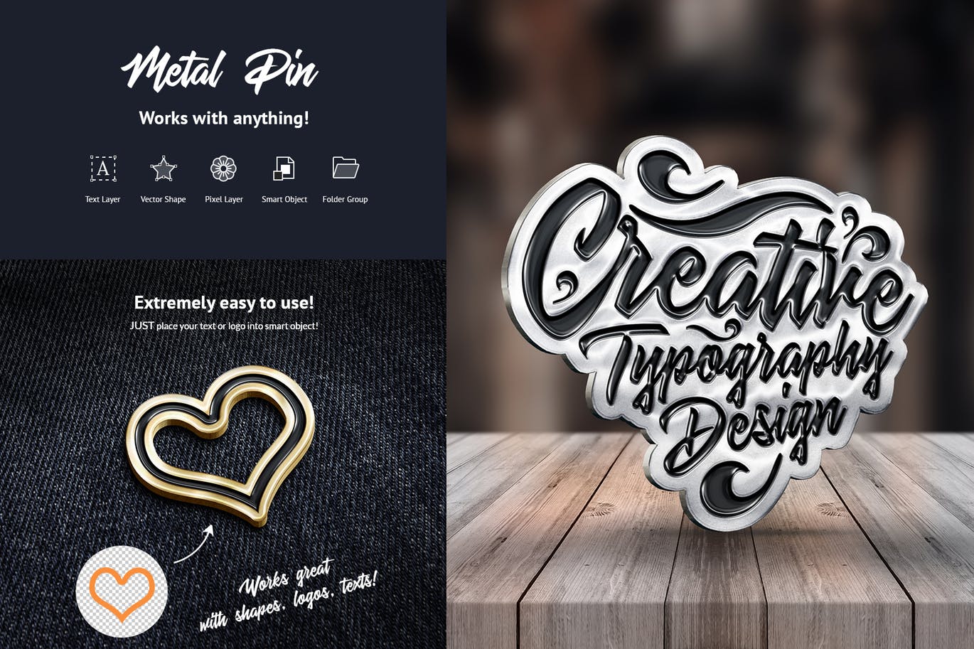 金属别针特效文本&Logo徽标PSD模板 Metal Pin – Text and Logo Mockups插图(1)