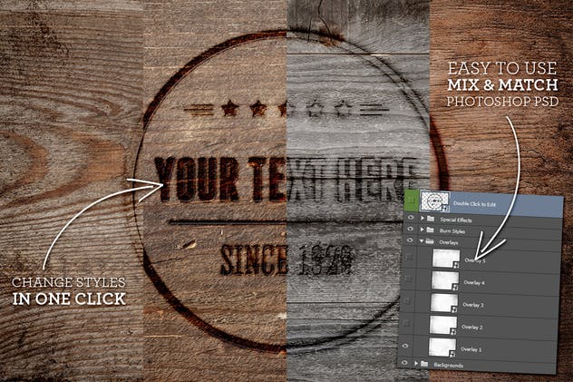 电刻笔灼烧文本图层样式 Burn Baby Burn Woodburning FX Kit插图(1)