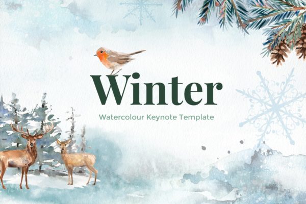 冬天主题水彩手绘元素素材库精选Keynote模板 Winter – Watercolour Keynote Template