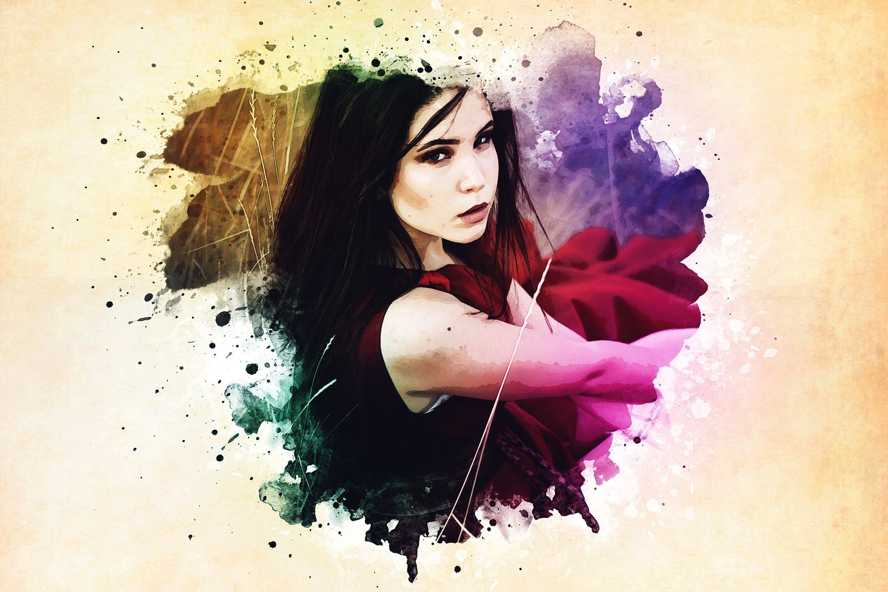 精美水彩艺术照一键生成PS动作 Watercolor Photoshop PSD Template插图(2)