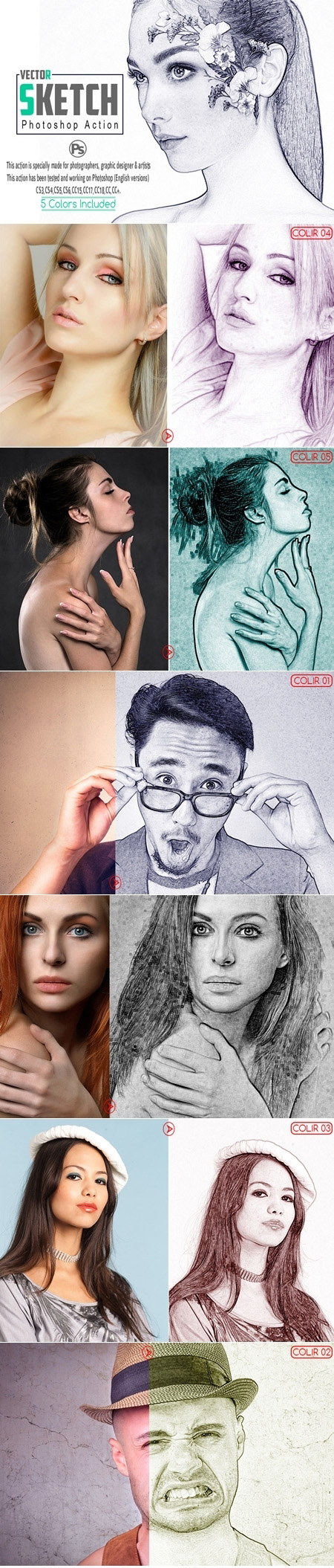 人物肖像矢量素描艺术Photoshop动作下载 Vector Sketch Photoshop Action插图