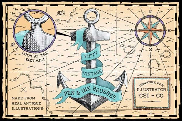 复古圆珠笔&amp;钢笔笔画AI笔刷 Vintage Pen and Ink Brushes