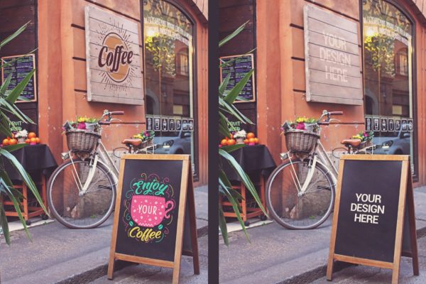 店铺门口木架广告牌设计样机模板 Slate Signboard Mockup