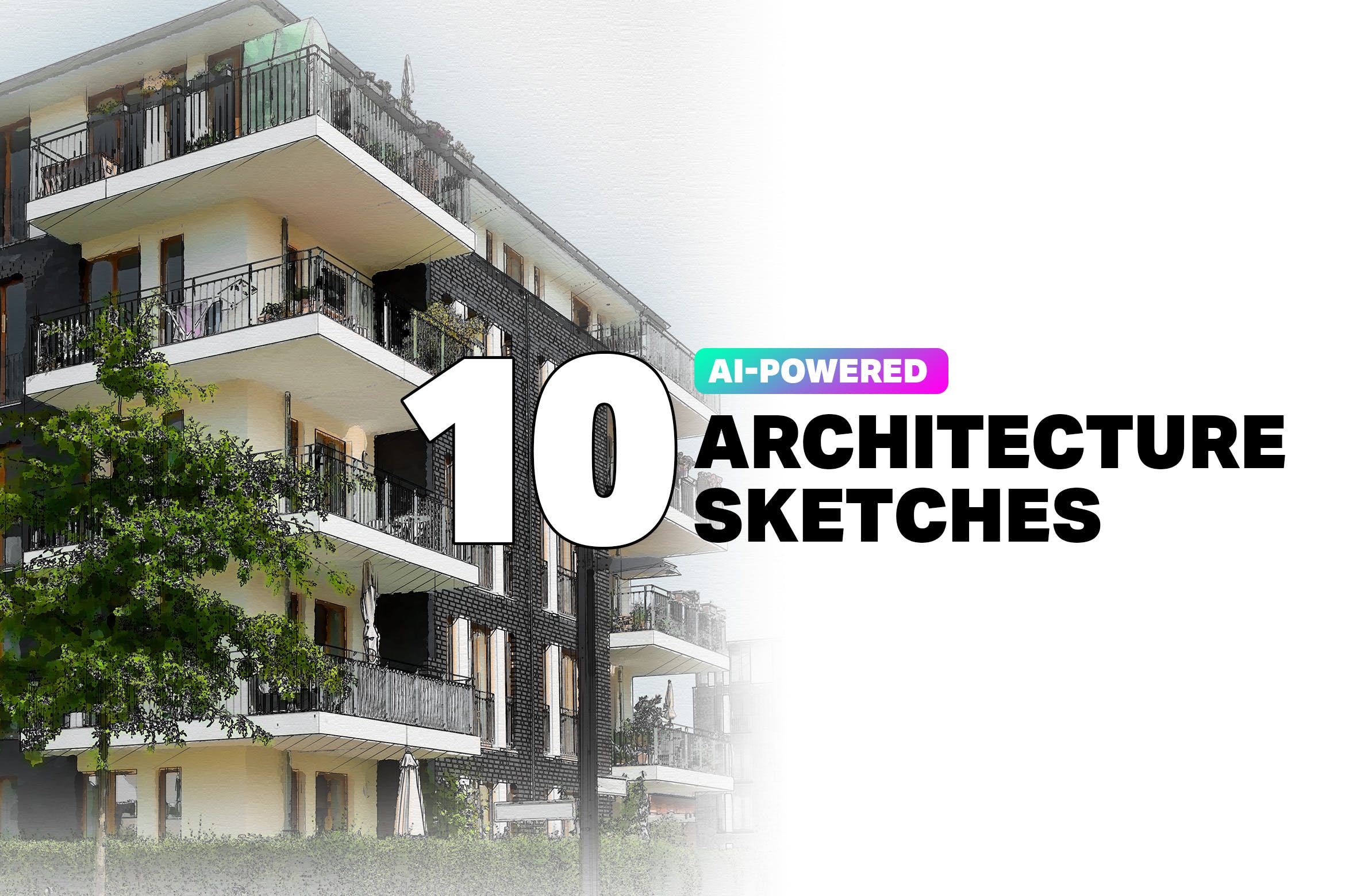 10个人工智能建筑素描草图生成PS动作 10 AI Architecture Sketch Photoshop Actions插图
