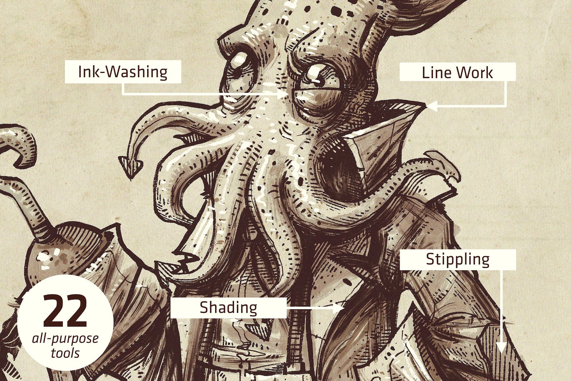 仿鱿鱼触须形状笔画Procreate笔刷 Squid Brush Pack for Procreate插图(2)