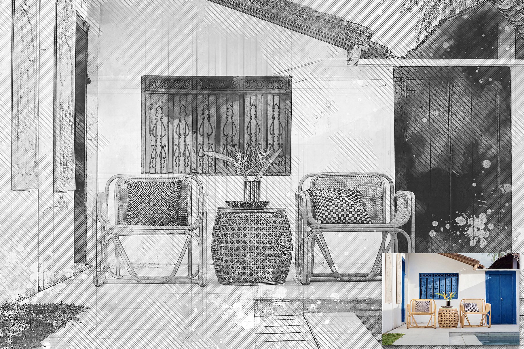 高端素描艺术建筑草图PS动作合集 Architecture Sketch Art PS Actions插图(1)