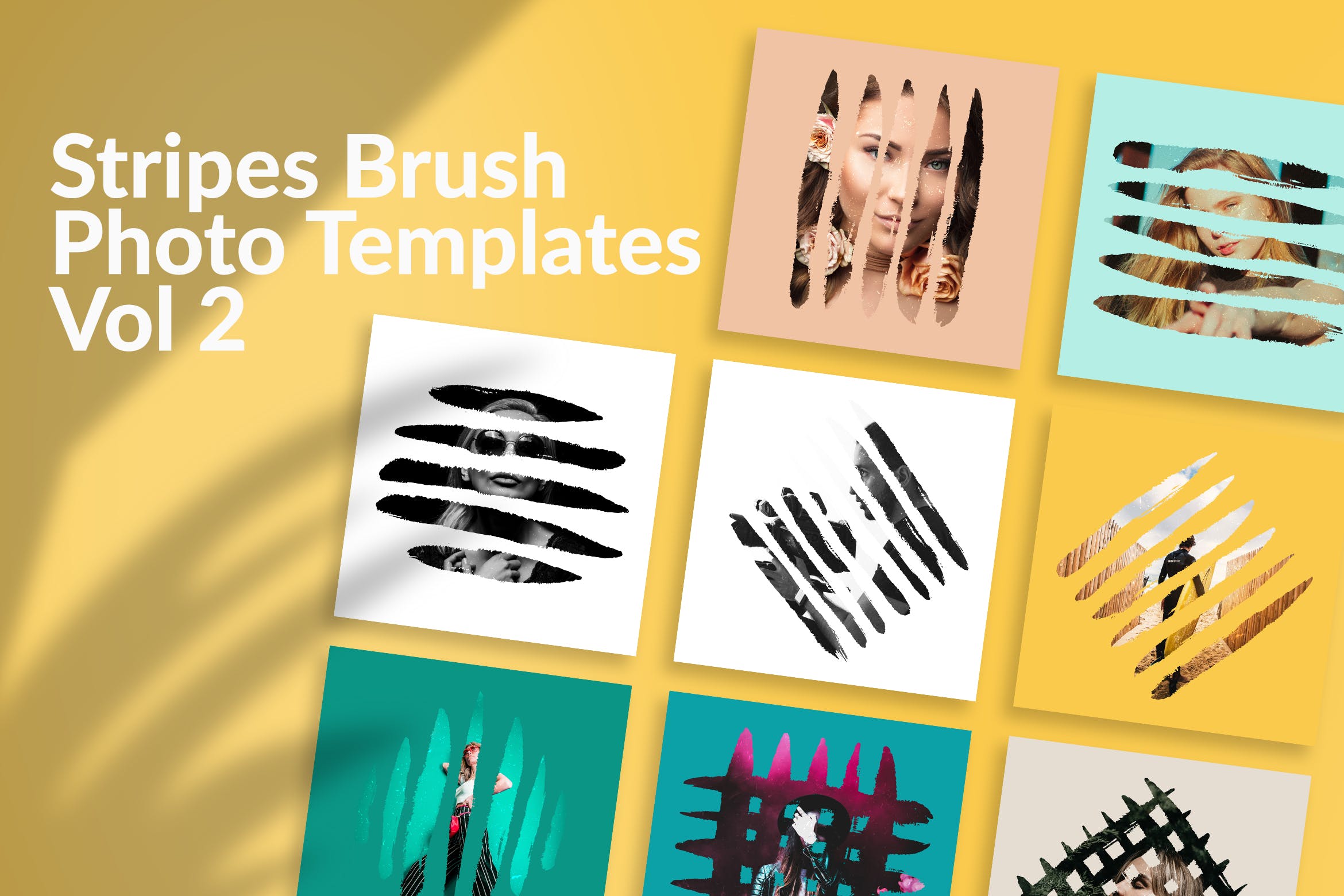 图片条纹笔刷蒙版遮罩PSD分层模板 Stripes Brush Photo Templates Vol 2插图