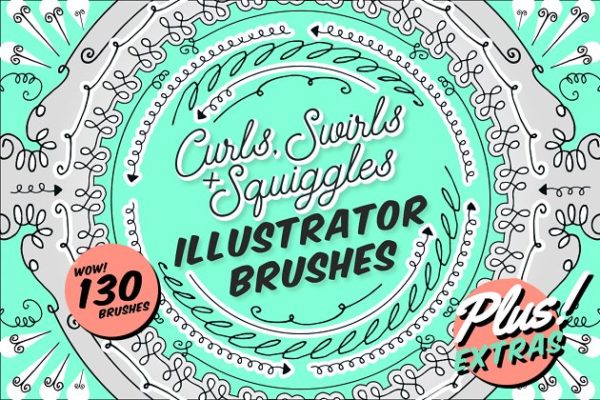 卷曲漩涡+歪扭或波形短线AI笔刷 Curls Swirls + Squiggles Brushes