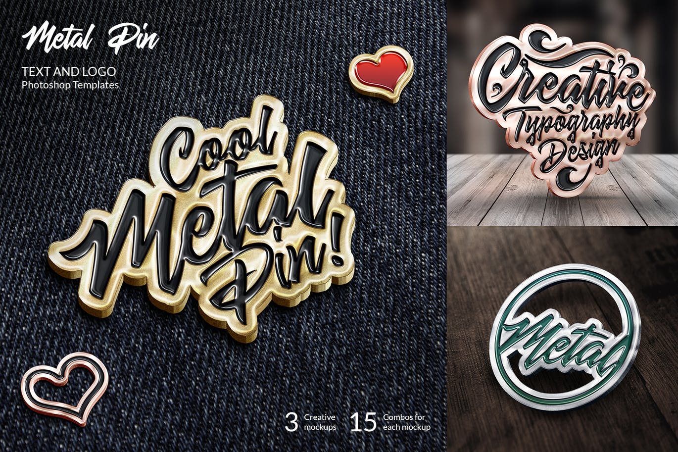 金属别针特效文本&Logo徽标PSD模板 Metal Pin – Text and Logo Mockups插图