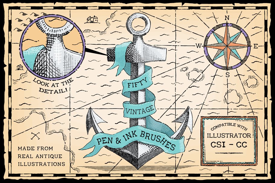 复古圆珠笔&钢笔笔画AI笔刷 Vintage Pen and Ink Brushes插图