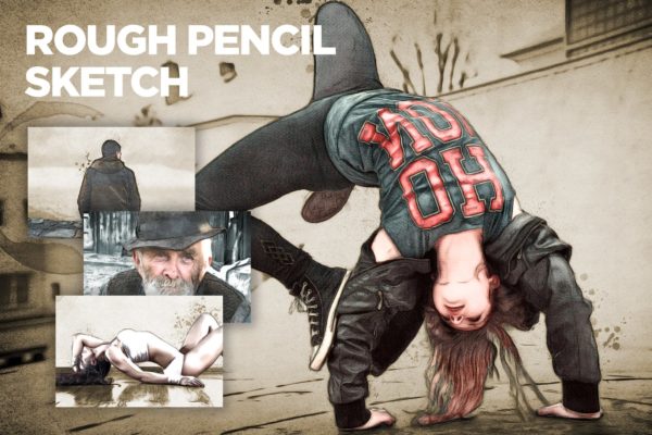 创意彩铅素描绘画效果PS动作 Rough Pencil Sketch CS3+ Photoshop Action