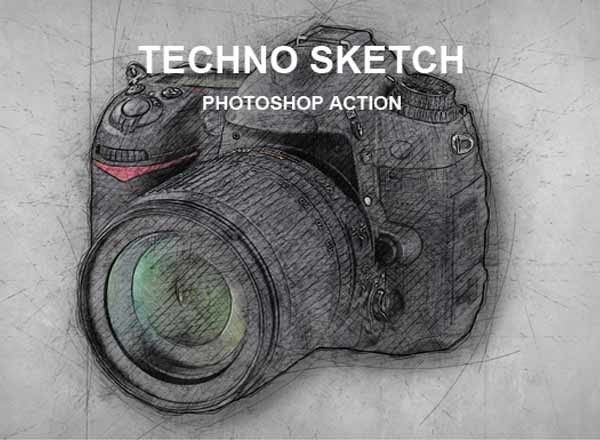 一款逼真的手绘素描PS动作下载 Techno Sketch Photoshop Action