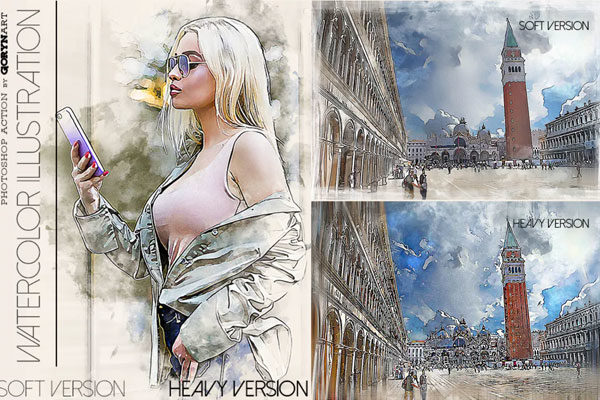 现代艺术风格水彩插画Photoshop动作