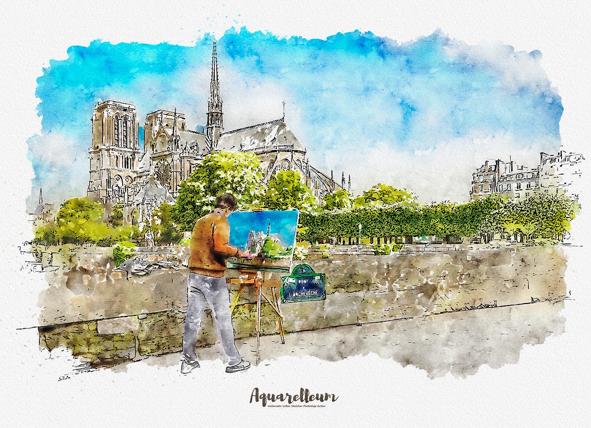 城市风景转水彩&铅笔素描效果PS动作 Aquarelleum – Urban Sketch Photoshop Action插图(4)