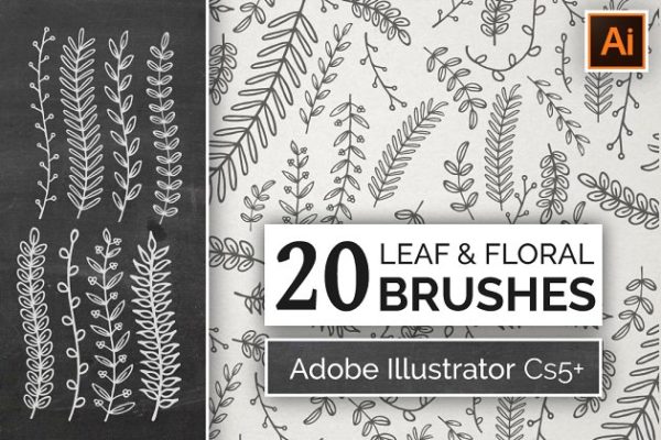 手绘叶子&amp;花卉AI笔刷 Hand Drawn Floral Leaf Brushes