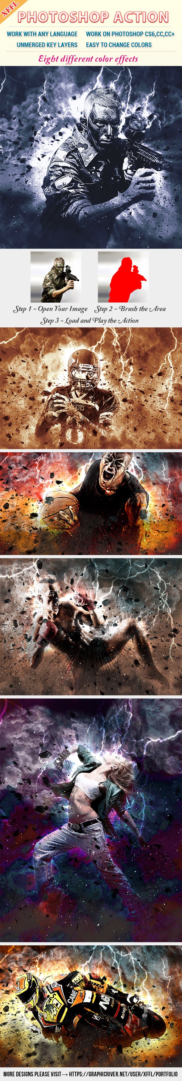 一款彩色闪电风暴战争的电影效果Photoshop动作下载插图