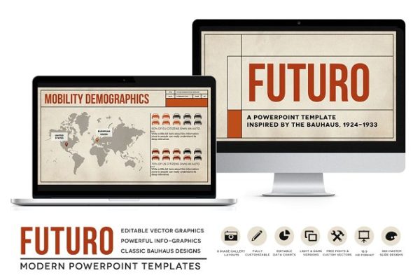 复古建筑风格PPT幻灯片模板 Futuro Bauhaus Powerpoint Templates