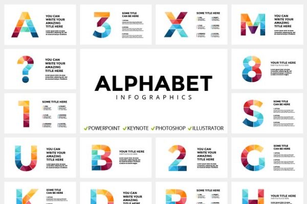 字母数字信息图表类型幻灯片设计模板[PPT, PPTX, KEY, PSD, EPS, AI] ALPHABET – Infographic Slides