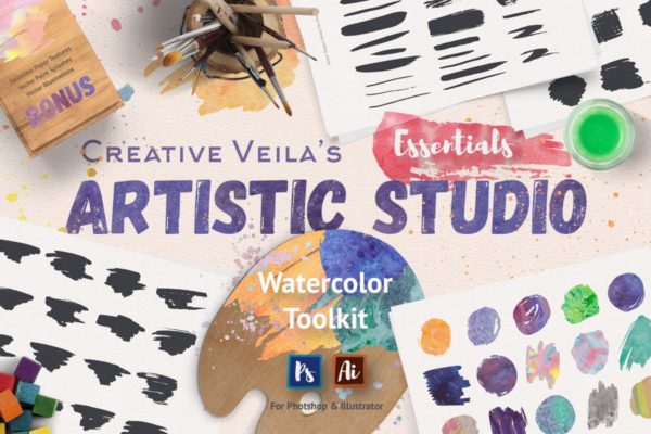 超级水彩绘画设计师工具包[ps水彩笔刷/样式/纹理] Artistic Studio: Watercolor Toolkit