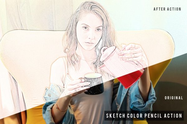 彩铅素描照片特效一键生成素材库精选PS动作 Sketch Color Pencil Action