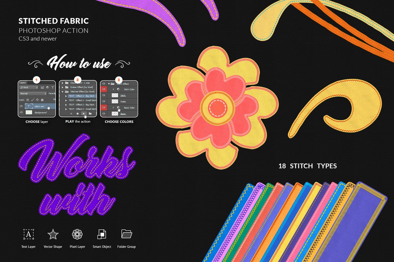 面料缝合缝线针织效果印花图案设计PS动作 Stitched Fabric Photoshop Action插图(3)