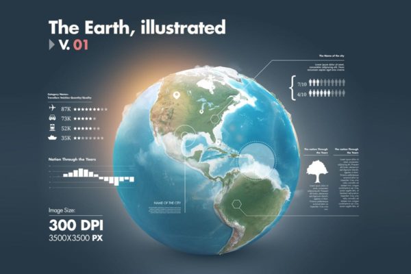 超高品质地球模型信息图表设计模板v1 Illustrations of the Earth with Infographics v1
