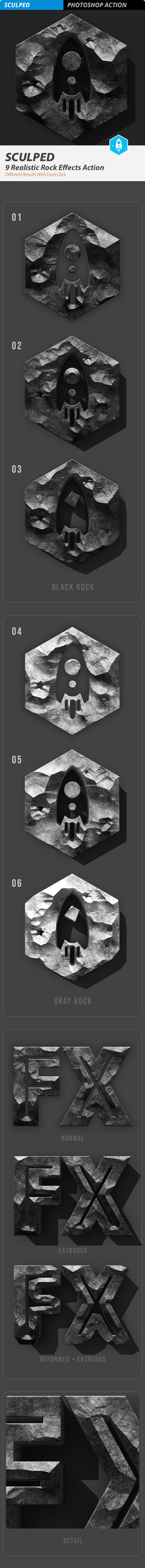 【FX】逼真的厚重雕刻岩石纹理ps动作下载 SCULPED Stone FX Action插图