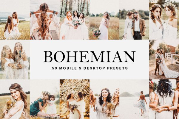 50种婚纱&amp;人像摄影古铜色/明亮色调LR调色滤镜预设 50 Bohemian Lightroom Presets and LUTs