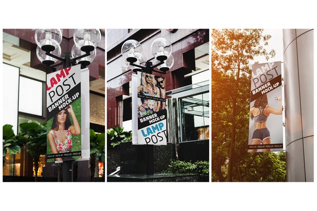 城市广告牌灯柱垂直Banner样机 Vertical City Banner Mock-Up插图(2)