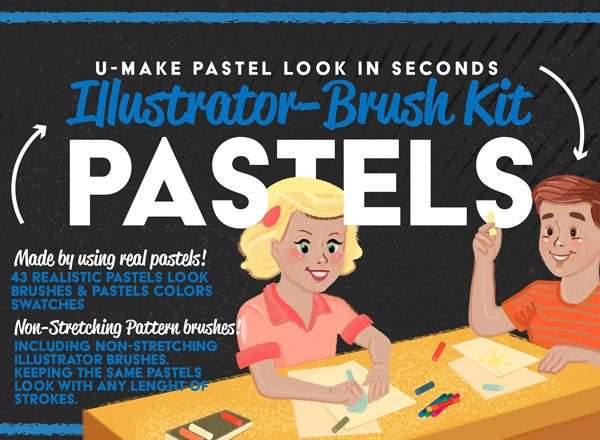 43种风格彩色蜡笔 AI&amp;PS 笔刷集 Pastels Illustrator Brush-Kit
