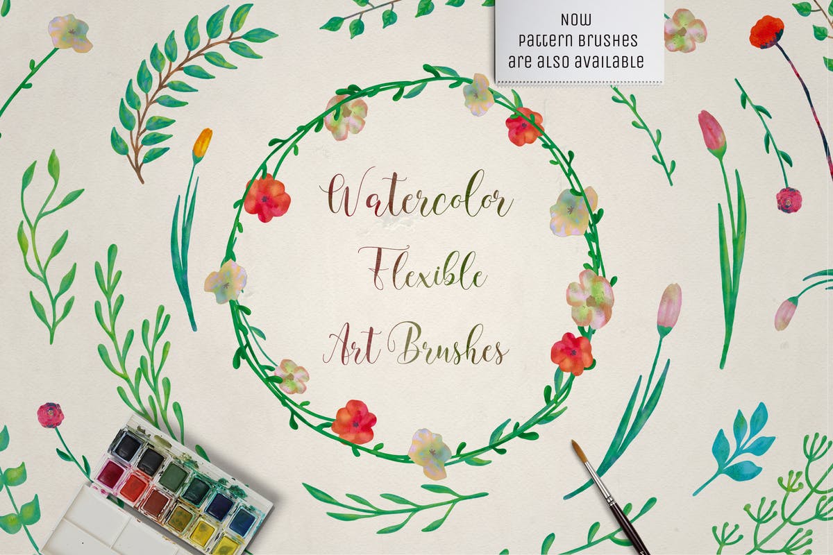 水彩花卉绘画图案&AI画笔笔刷 Illustrator Floral Art & Pattern Brushes插图