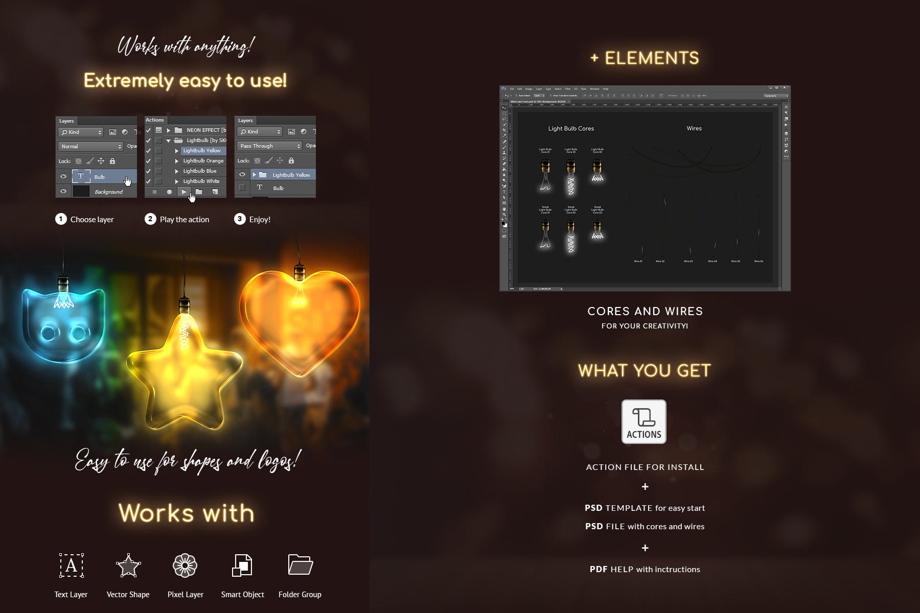 发光灯泡英文字母文字特效素材库精选PS动作 Light Bulb – Photoshop Action插图(1)