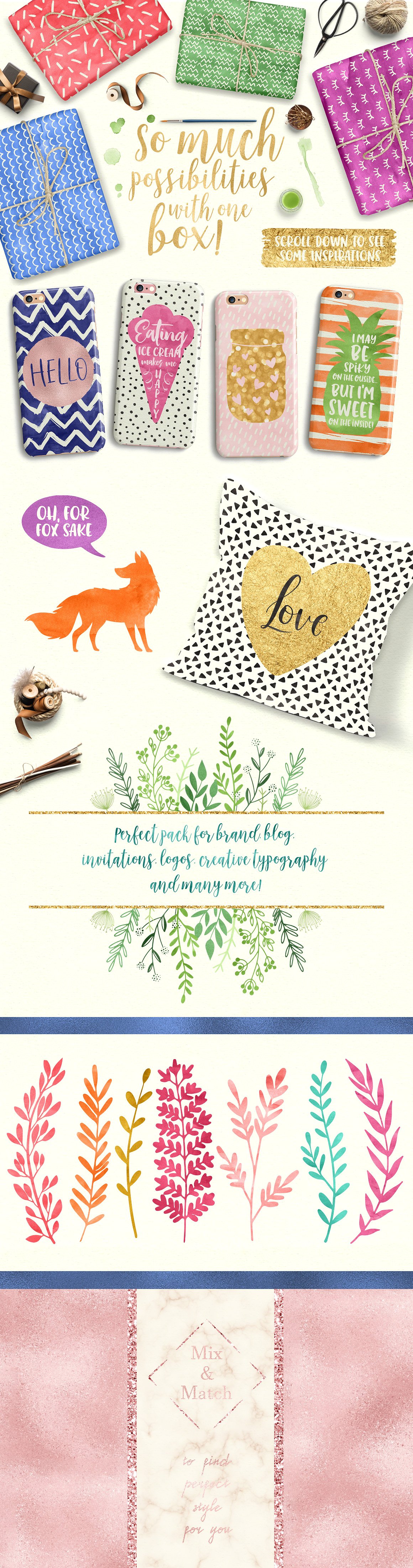 手工制作的黄金，魅力与水彩元素色板 [PNG,AI,EPS]插图(7)