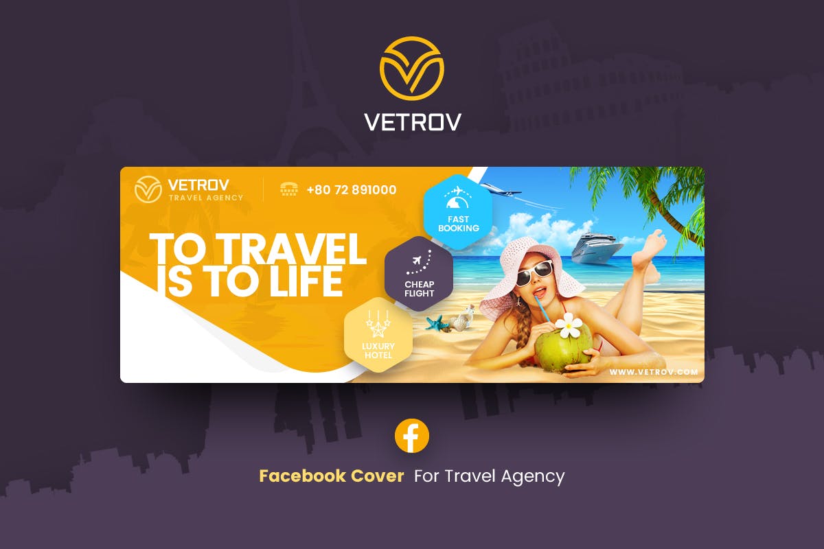 旅行社活动推广社交Banner素材库精选广告模板 Vetrov – Travel Agency Facebook Cover Template插图